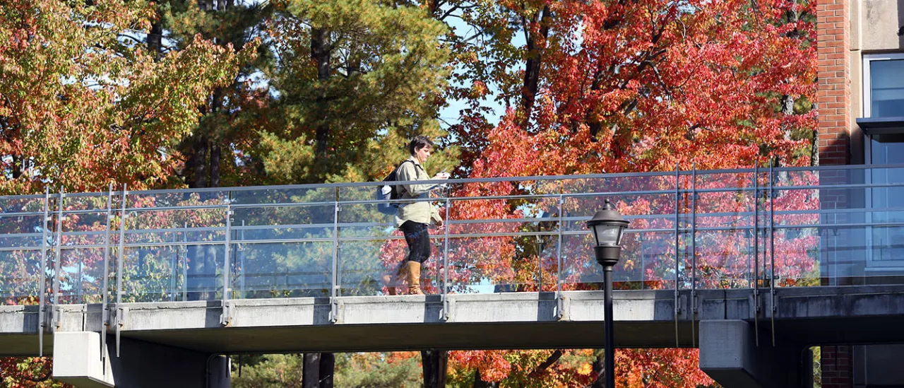 Student walking along the bridge to Fitzelle Hall in the Fall.