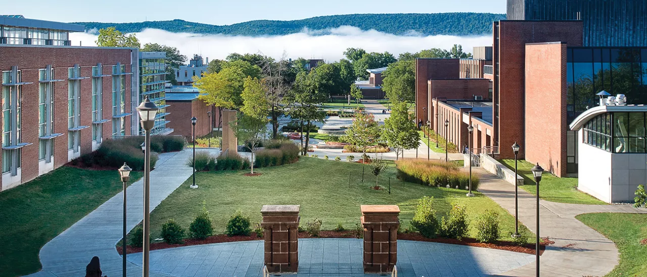view of SUNY Oneonta quad from Welcome Center