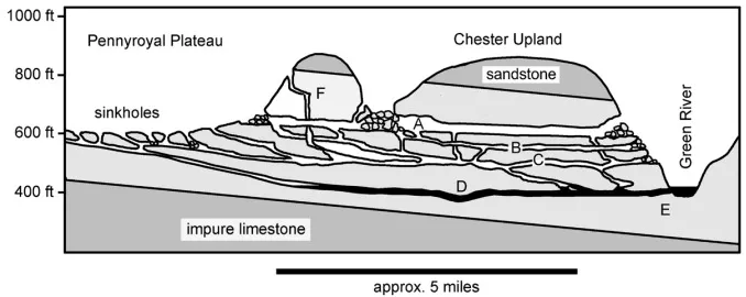 Figure 3: Cross section through Mammoth Cave, showing major levels and their relation to the land surface and geology. A = large upper-level passages with thick sediment fill; B and C = major lower levels, main tubular passages with little sediment; D = youngest passage level, partly filled with water; E = springs along the Green River; F = actively forming shafts and canyon passages draining water from the surface.