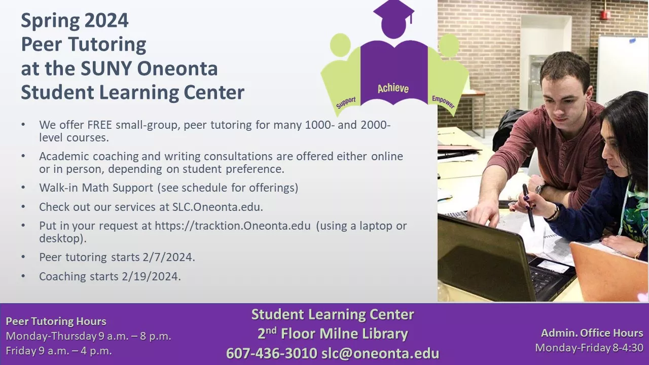 Spring 2024 Peer Tutoring at the SUNY Oneonta Student Learning Center. We offer FREE small-group, peer tutoring for many 1000- and 2000-level courses. Academic coaching and writing consultations are offered either online or in person, depending on student preference. Walk-in Math Support (see schedule below for offerings) Check out our services at SLC.Oneonta.edu. Put in your request at https://tracktion.Oneonta.edu (using a laptop or desktop).