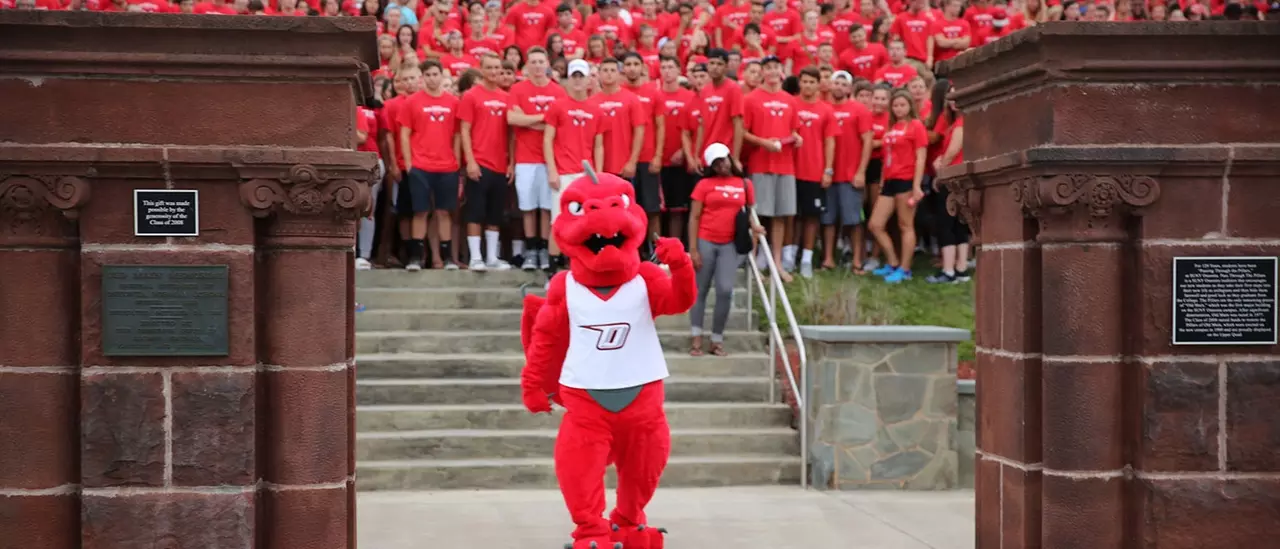 Red the dragon leading the freshmen class through the pillars.