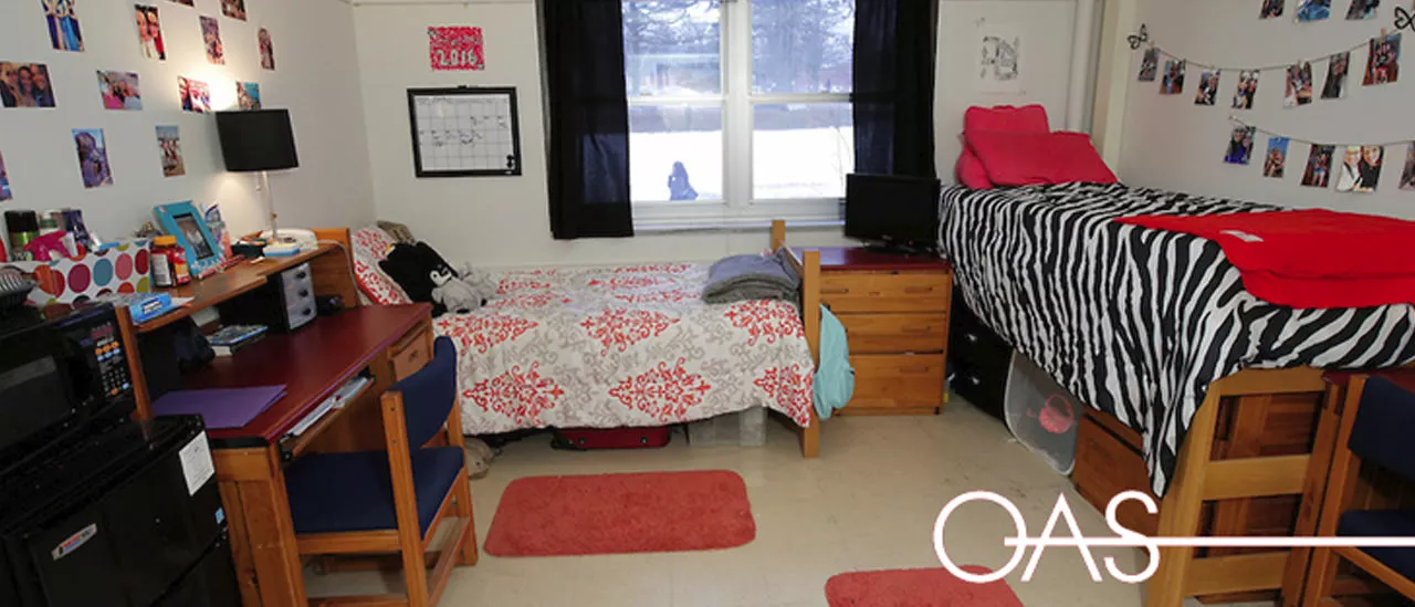 Comfy looking dorm with two beds