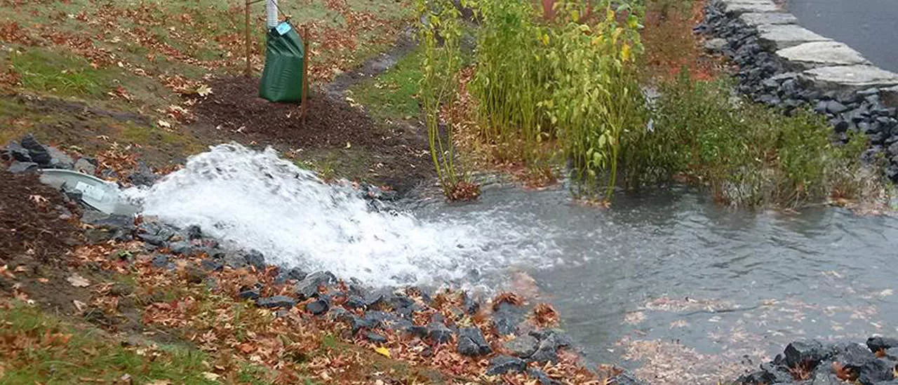Water gushing into the second bio-retention basin.