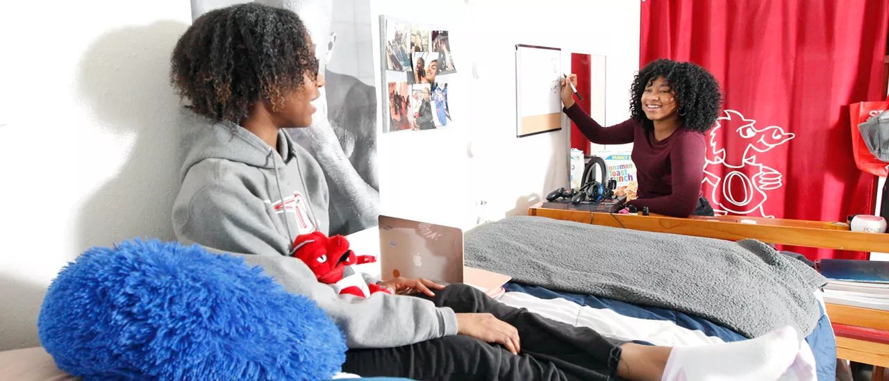 Students studying together in their dorm.