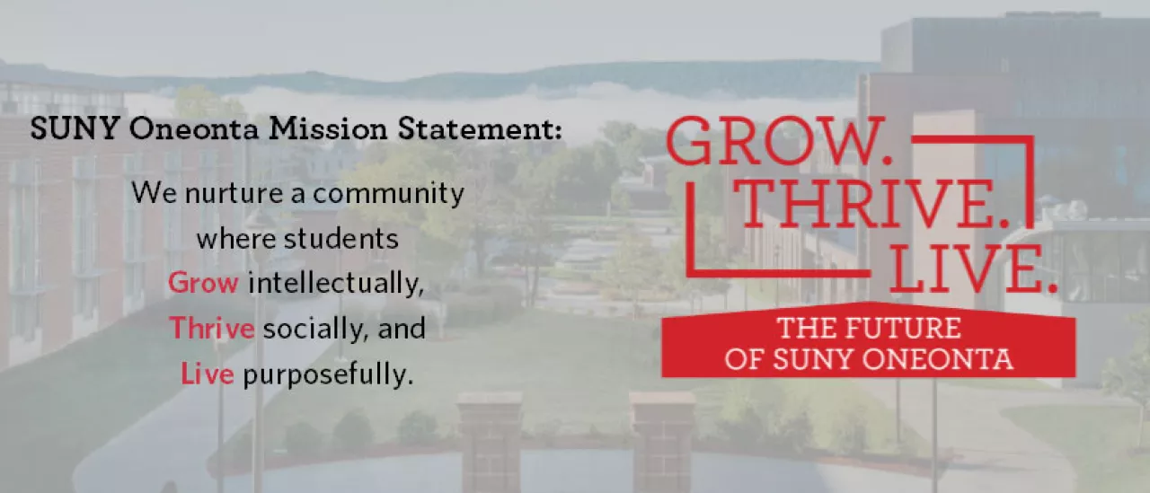 SUNY Oneonta Mission Statement and Grow. Thrive. Live. graphic identifier.