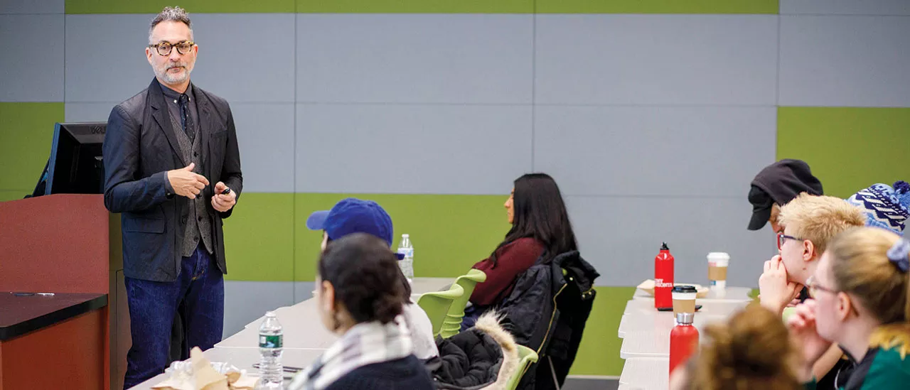 Scott Saltzman speaks to a fashion class