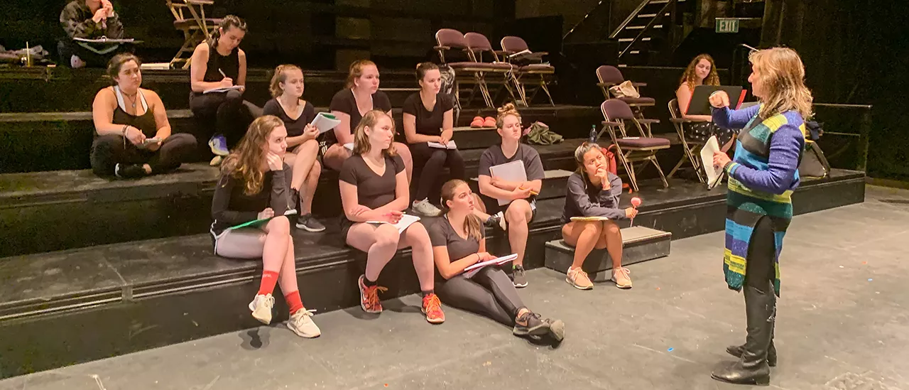 Students receive feedback from Director Kiara Pipino during a rehearsal of The Wolves