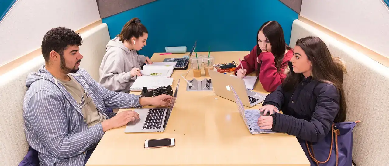 Students sitting at a group study space in Milne Library