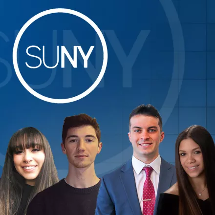 four students with SUNY logo