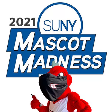 Red the dragon wearing a mask with Mascot Madness logo