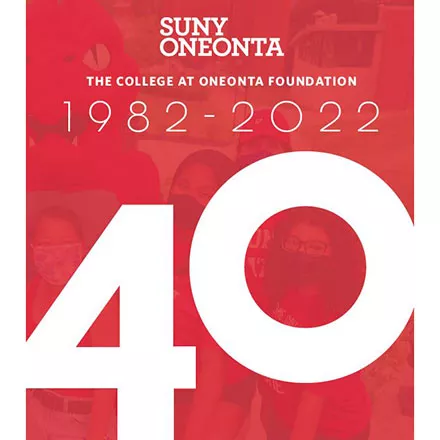 SUNY Oneonta type logo with red background and the number 40
