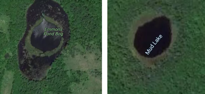 Side by side aerial photos of Emmons Pond Bog and Mud Lake