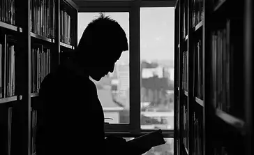 A backlit individual standing in between stacks of a library reads through a book