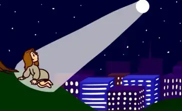 Animation still showing a woman resting on a hill illuminated by a spotlight.