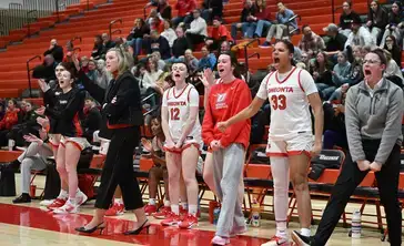 Women's basketball coaches yell on the sidelines.