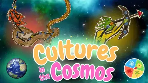 Image with various drawn graphics of constellations and the text "Cultures in the Cosmos"