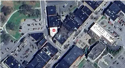 Aerial photo noting the location of the eXCL Center in Downtown Oneonta