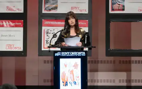 Toni Jensen speaks to audience in the Hunt Union at the 2025 Common Read