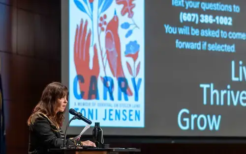 Toni Jensen speaks to audience in the Hunt Union at the 2025 Common Read