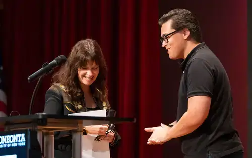 Jadyn Trujillo and Toni Jensen on stage at the common read