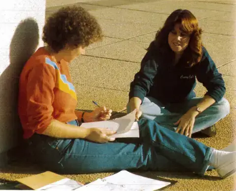 Two classmates studying in 1982&mdash;the year the SUNY Oneonta Foundation was established.