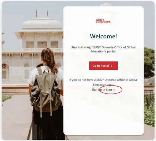 Screen grab of welcome portal with the Sign In link circled in red.