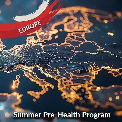 Earth with country boundaries illuminated with "Europe Summer Pre-Health Program"