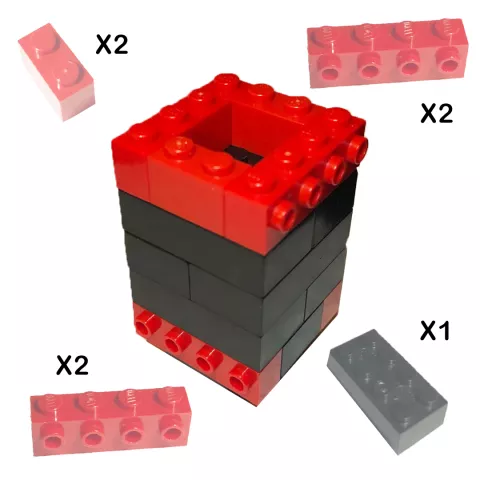 Step 2: Add 2, 2 x 1 block in between two top Blocks 1 x 4 with 4 Studs. 2 at the bottom with a 2 x 4 brick in between.