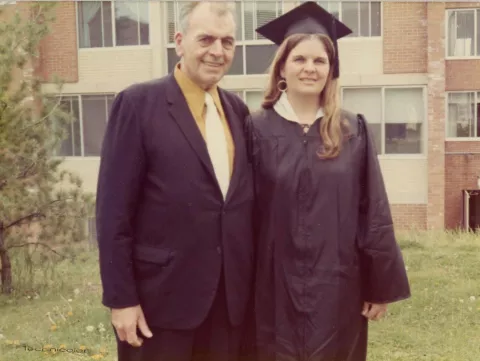Arlene Erbacher, Class of 1973 with her father at SUNY Oneonta commencement