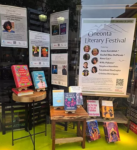 Green Toad Bookstore display for the Oneonta Literary Festival