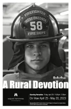 A Rural Devotion poster which includes show information and a headshot of a young man in a firefighter's uniform.