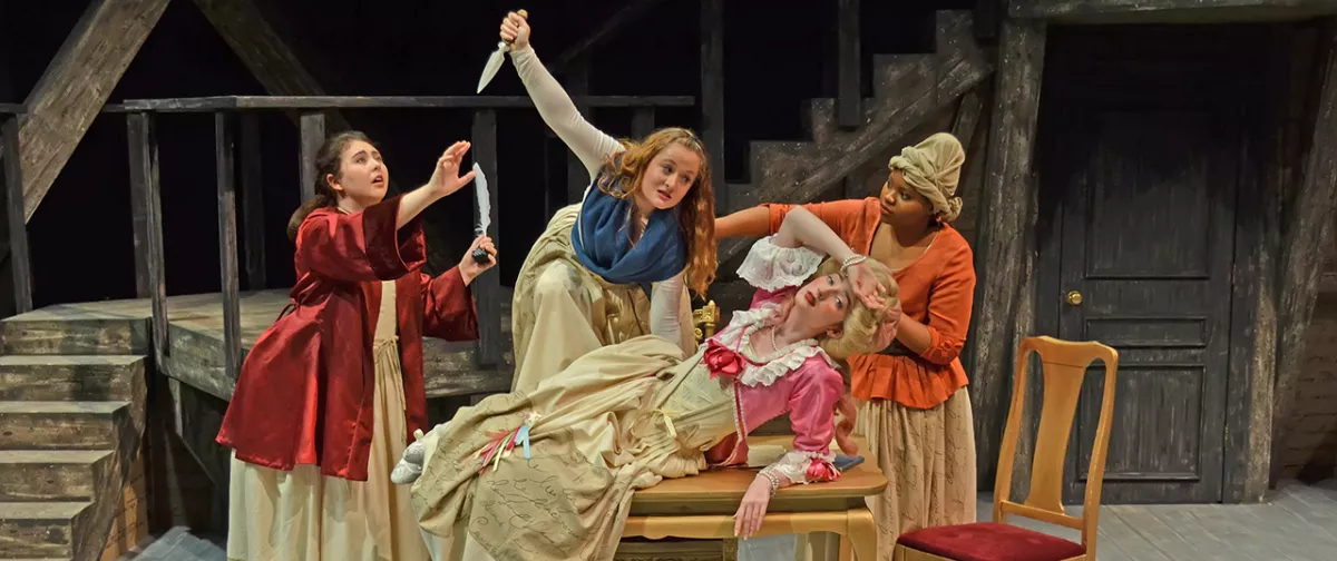 A production photo from The Revolutionists at the SUNY Oneonta Theatre Department 2021