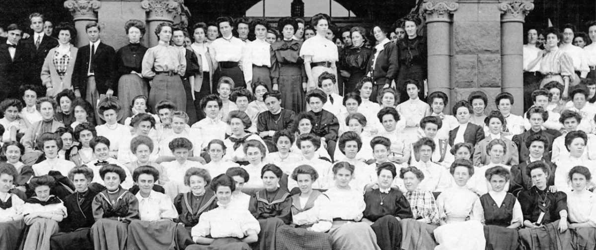 Photo of Oneonta students in front of the Old Main Building, circa 1895