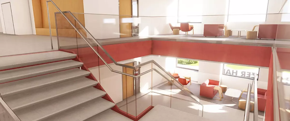 Netzer renovation rendering showing open stairs on the 2nd and 3rd floors