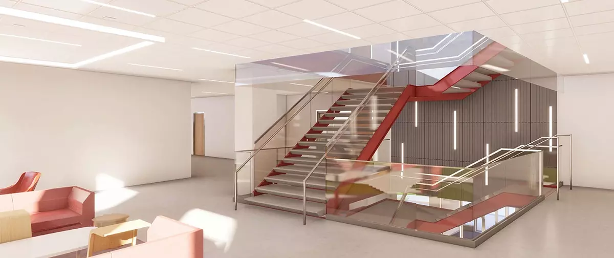 Netzer renovation rendering showing the 2nd floor lounge 