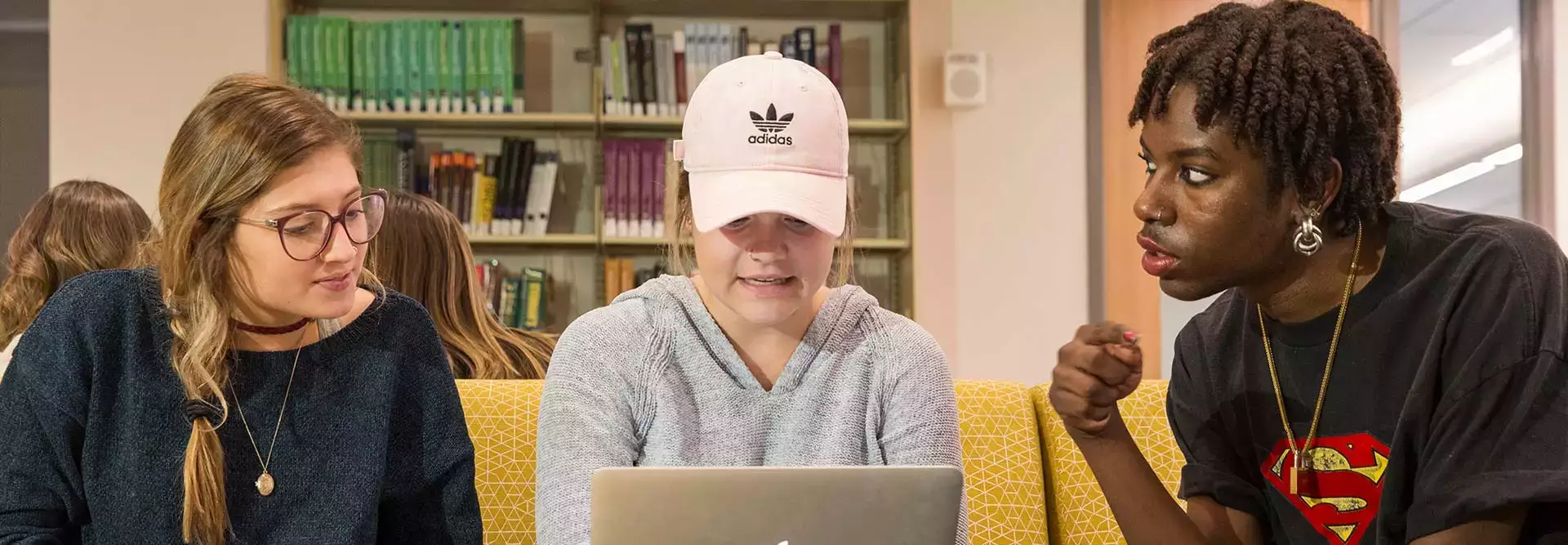 Students discuss a group project in Milne Library