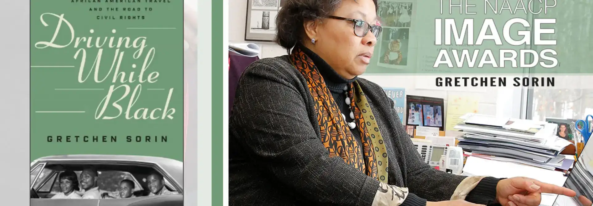 Driving While Black book cover, Gretchen Sorin '82 at laptop