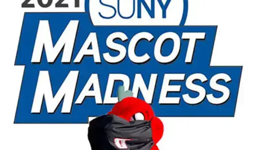 Red the dragon wearing a mask with Mascot Madness logo