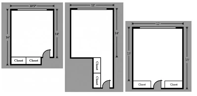 Image depicting three dorm room size layouts.
