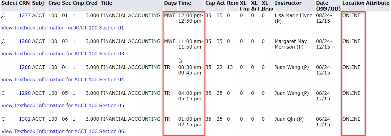 Example schedule with Days, Time and Location columns highlighted to assist in identifying fully synchronous online courses.