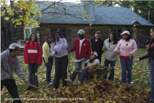 Students raking up leaves outside of a cabin