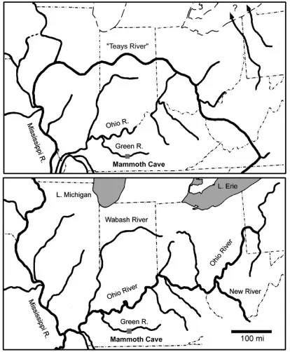 Figure 6: Evolution of the  Ohio River: (a) pre-glacial  pattern, more than about  2 million years ago;  (b) post-glacial pattern, less  than about 2 million years  ago. (Modified from Wayne,  1956.)