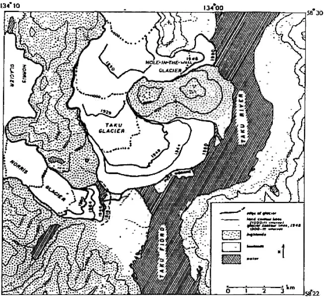 Diagram depicting the terminus of the Taku and the Hole-in-the-Wall Glaciers at various times in the past. Since 1890, the Taku has advanced 7 km and the Hole-in-the-Wall has advanced 3.2 km, Pelto and Miller, 1990.