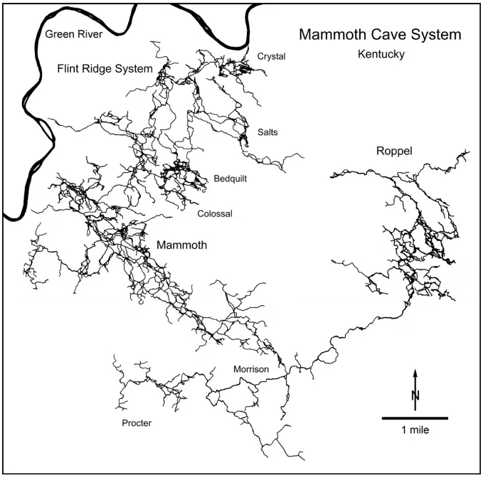 Figure 2: Map of major passages in Mammoth Cave. At this scale the passages appear only as wiggly lines. Many passages cross each other at various levels. The complexity of the cave is barely suggested in this simplified map. The names (e.g. Roppel) refer to different sections that were explored independently and later connected by further discoveries. The part labeled “Mammoth” includes the tour routes open to the public. Mapped by the Cave Research Foundation and the Central Kentucky Karst Coalition.