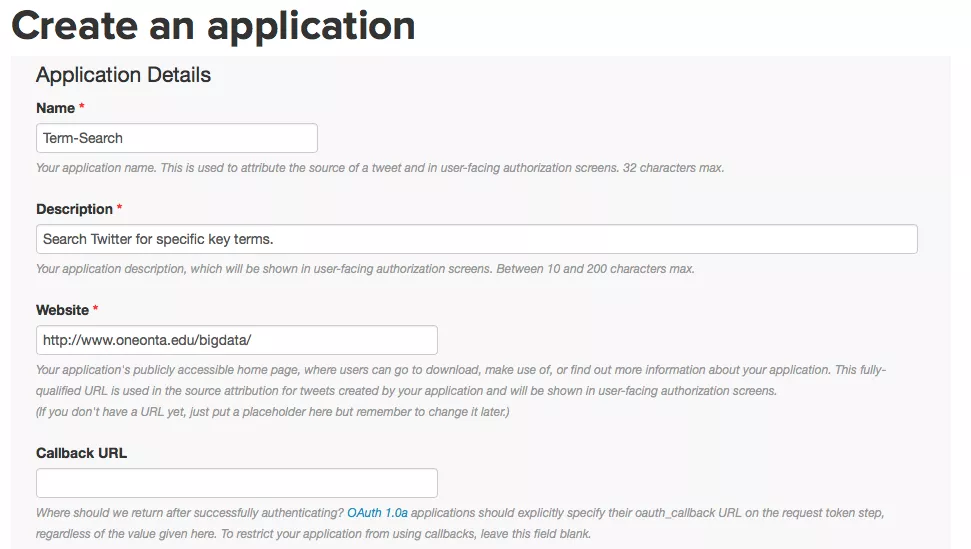 A new page with the Create an application form