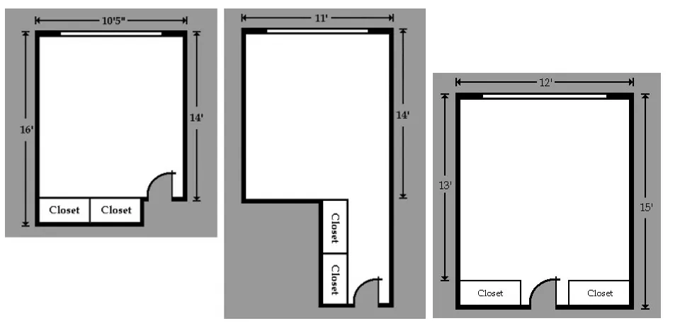 Picture is the dimensions of three different double style rooms