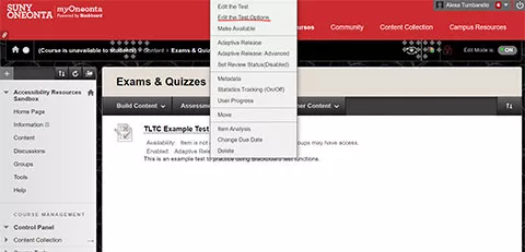 A screen shot of the Blackboard Content Page showing the screen when the arrow to the right of the Test title is selected. 
