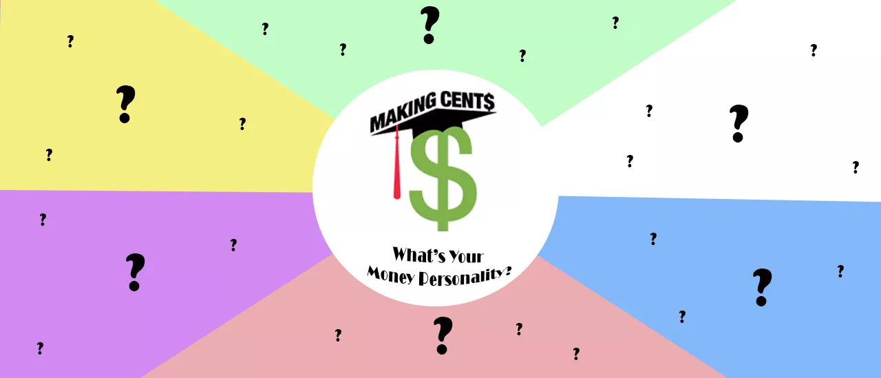 Making Cent$ Logo in center with words " what is your money personality, surrounding by question marks in portions of the image colored green, white, blue, pink, purple, and yellow