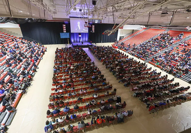 The Alumni Field House filled with participants as George Takei Delivers Mills Distinguished Lecture