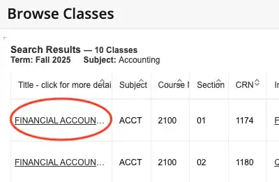 Course Listings page screenshot with a course title outlined in red